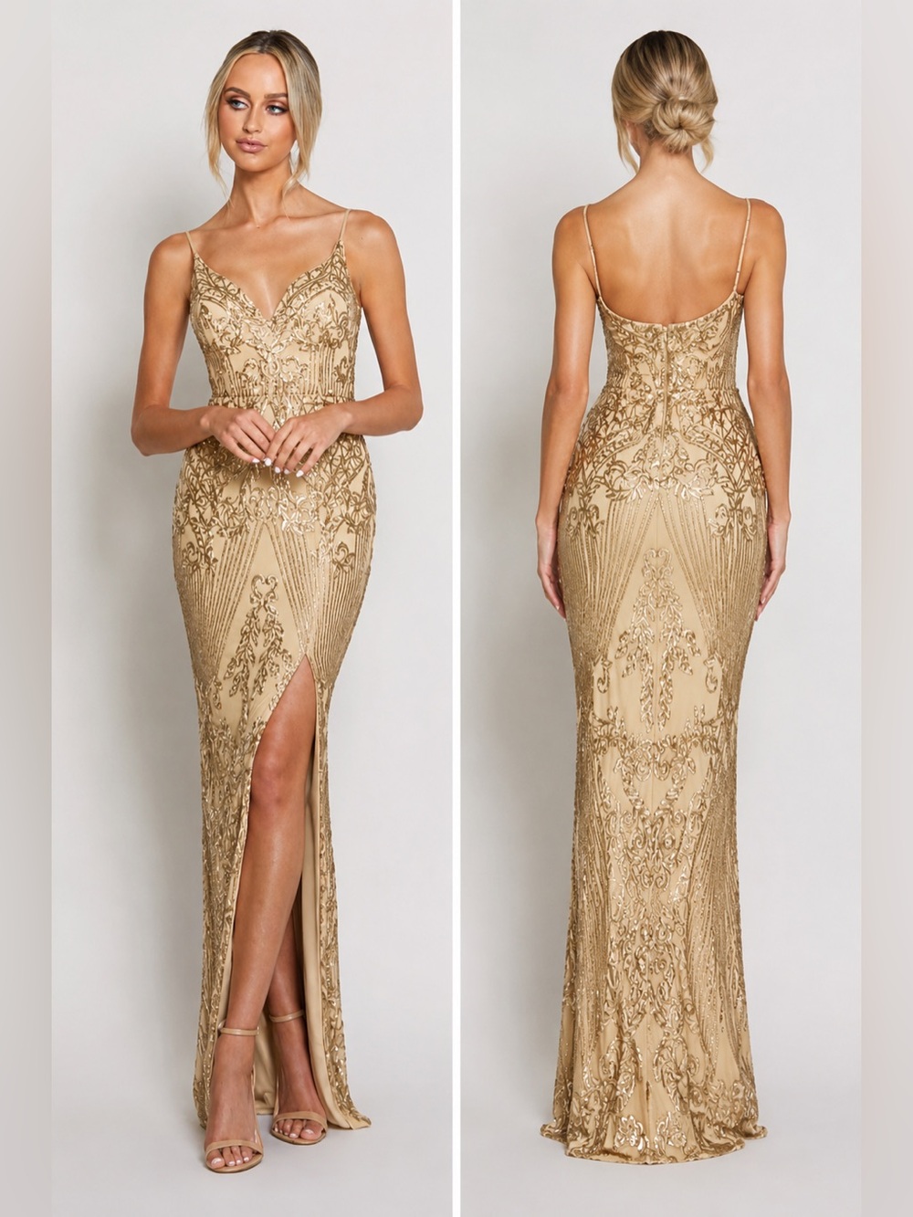 NEW Bariano US Size 4 Gold Sequin Evening Gown